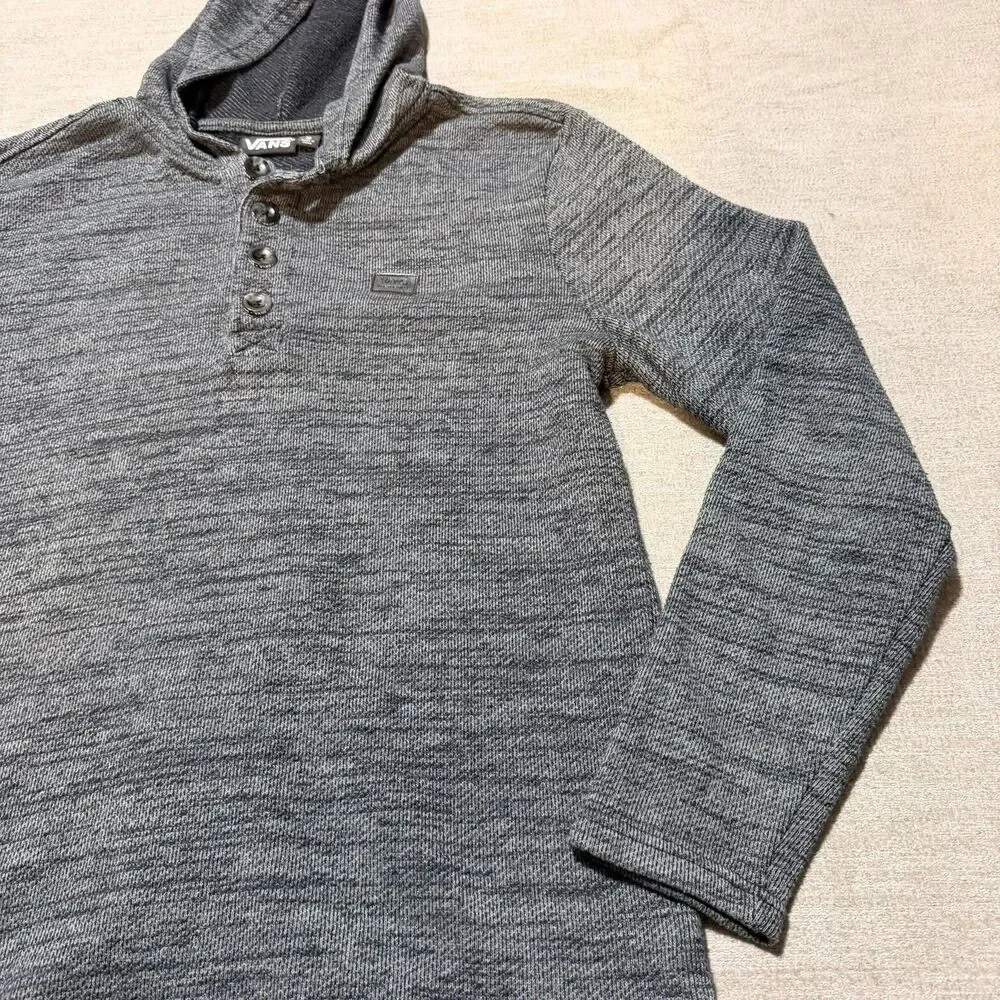 VANS Sweater Mens Medium Gray Hooded Henley Knit Long Sleeve Pullover Casual